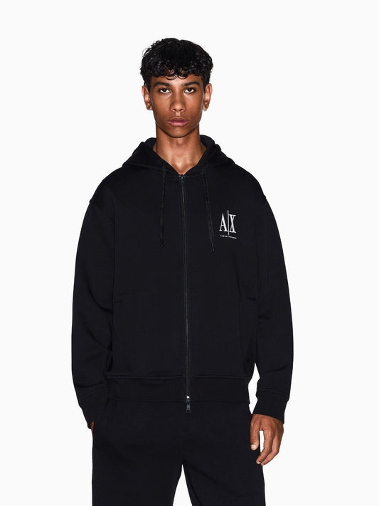 Armani Exchange Felpa con cappuccio e zip con logo ricamato Uomo Nero