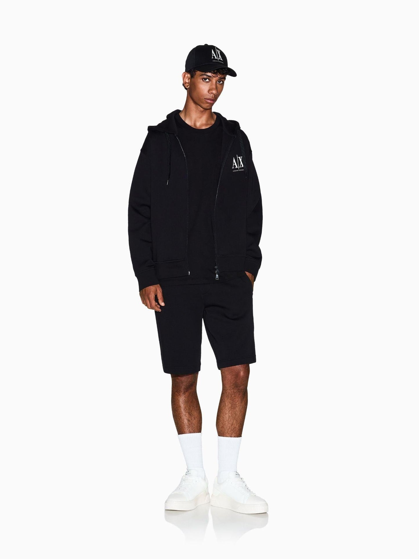 Armani Exchange Felpa con cappuccio e zip con logo ricamato Uomo Nero