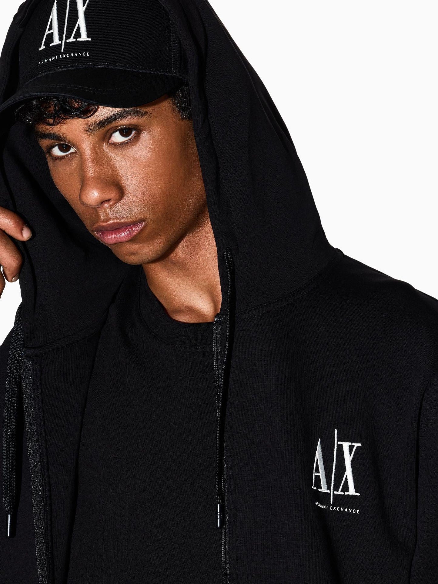 Armani Exchange Felpa con cappuccio e zip con logo ricamato Uomo Nero